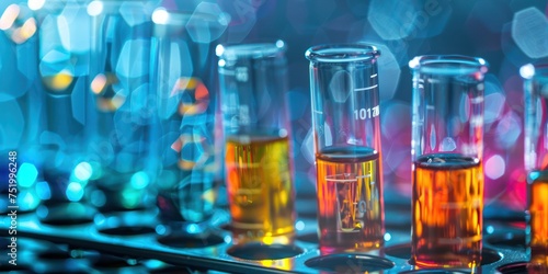 test tubes with liquid copy space background, science abstract 