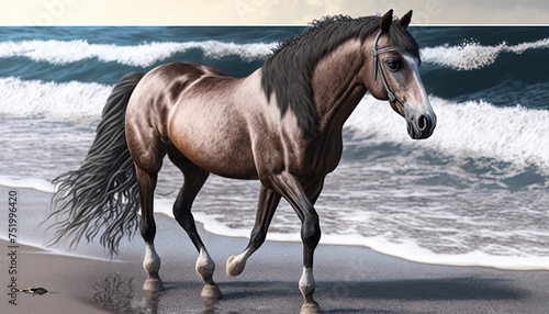 A horse gallops along the seashore