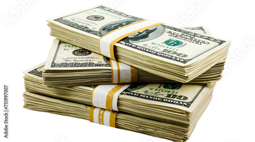Money Pile of packs of hundred dollar bills stacks isolated on transparent background