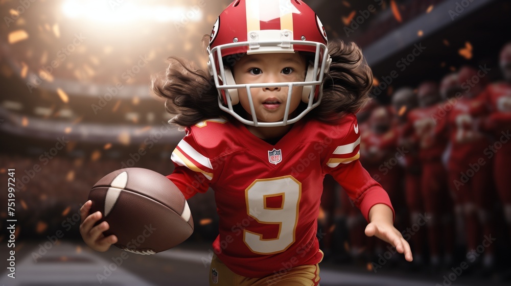 Craft a captivating image featuring a Japanese girl toddler dressed as a footballer in a red and gold Kansas City uniform and helmet. Craft a captivating image featuring a Japanese girl toddler dressed as a footballer in a red and gold Kansas City uniform and helmet.