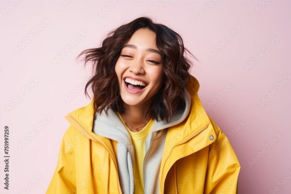 Portrait of a beautiful young asian woman laughing against pink background Portrait of a beautiful young asian woman laughing against pink background