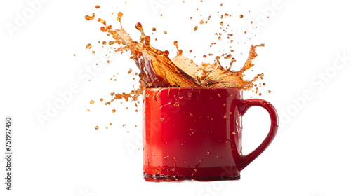 one red mug with a splash of coffee isolated on transparent background