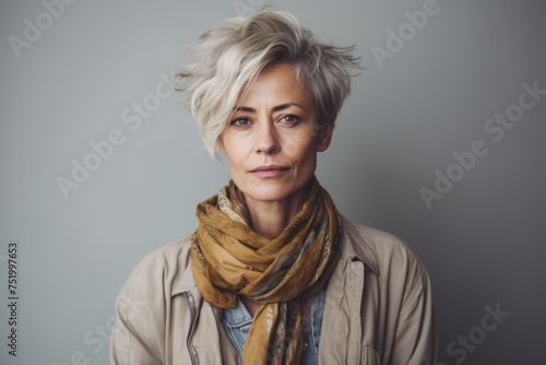 Portrait of a middle-aged woman with short gray hair and a yellow scarf.
