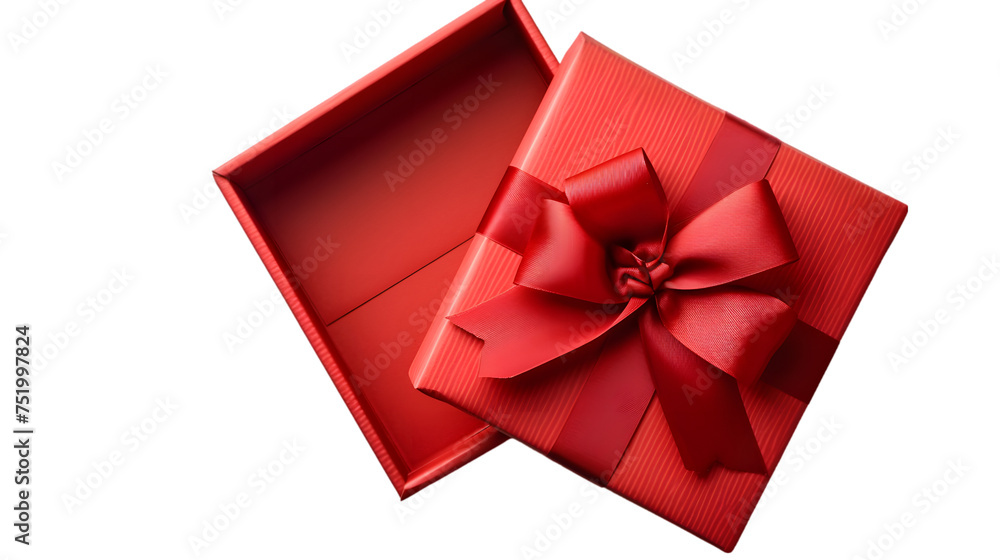 Open red gift box , Red present box with red ribbon bow and empty space in the box isolated on transparent background