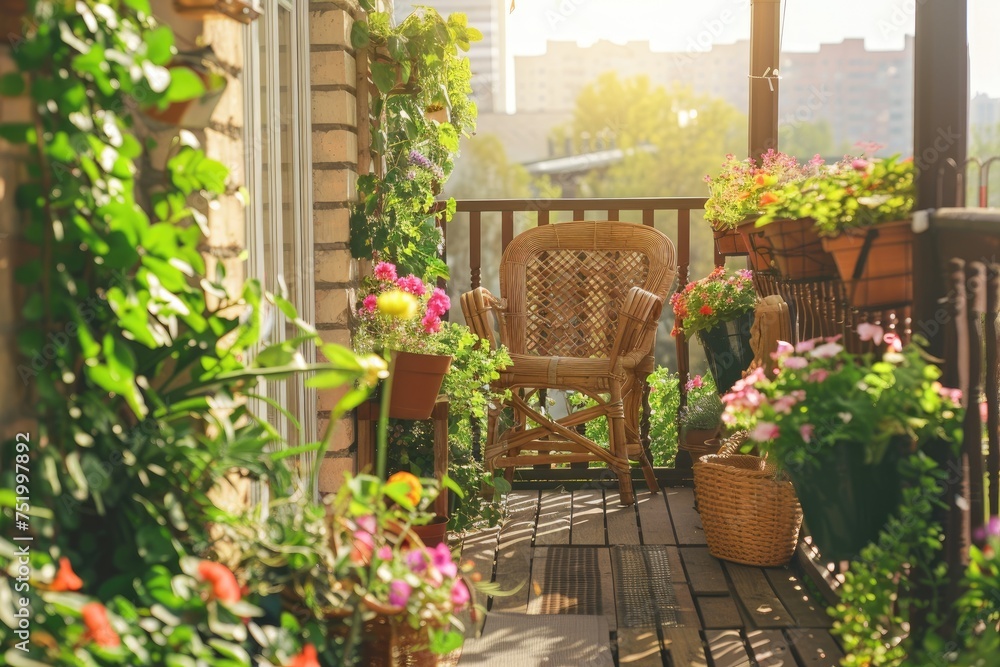 Naklejka premium Beautiful balcony or terrace with chairs, natural material decorations and green potted flowers plants.