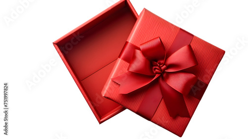 Open red gift box , Red present box with red ribbon bow and empty space in the box isolated on transparent background