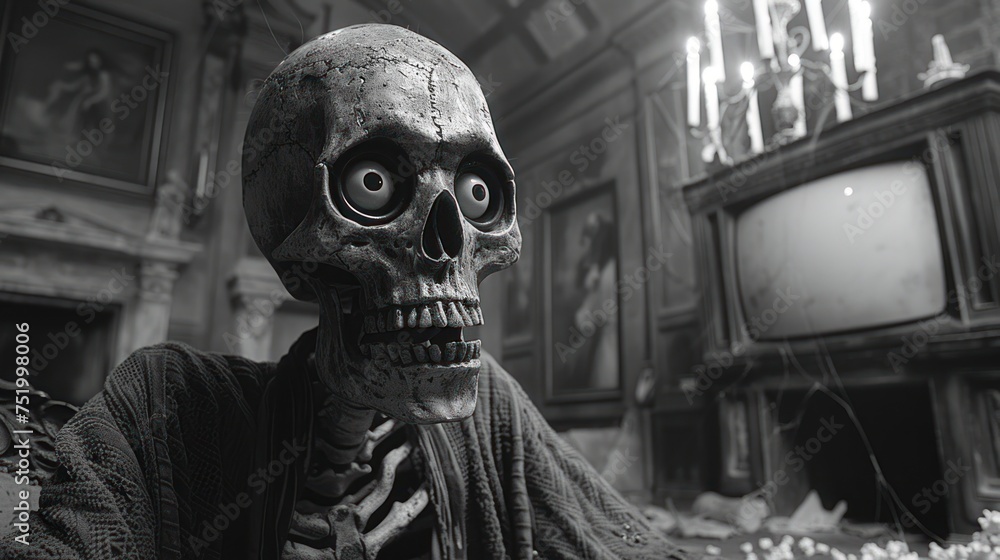 skeleton with popcorn watching TV skeleton with popcorn watching TV