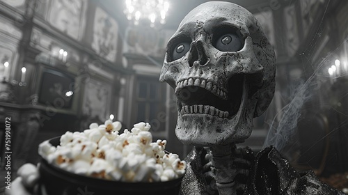 skeleton with popcorn watching TV