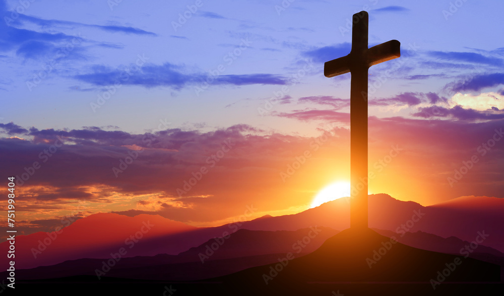 Fototapeta premium Crucifixion of Jesus Christ. Cross at sunset. 3d illustration