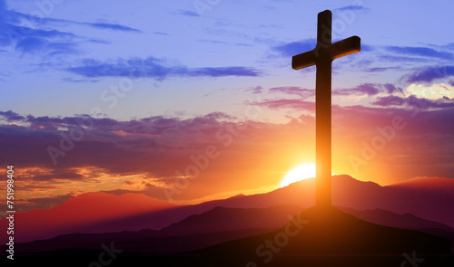 Crucifixion of Jesus Christ. Cross at sunset. 3d illustration photo
