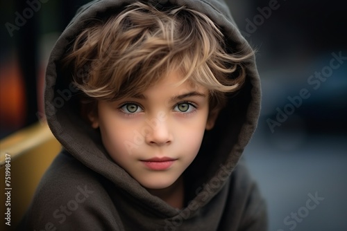 Portrait of a cute little boy with blond hair wearing a hood