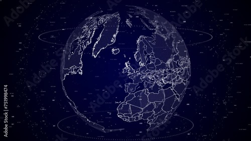 digital globe rotating, zooming in on Ireland country. Data analysis Technology Cinematic Globe rotating on Ireland Country data analysis background Energy particles around the Globe photo