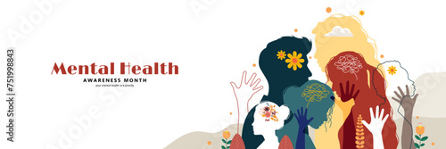 Mental Health Awareness Month banner with people silhouette. vector illustration