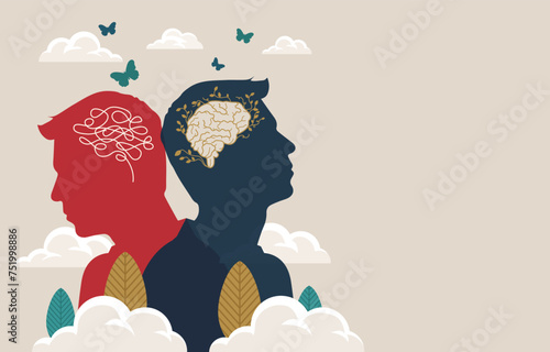 Dual personality with Metaphor bipolar disorder mind mental. vector illustration