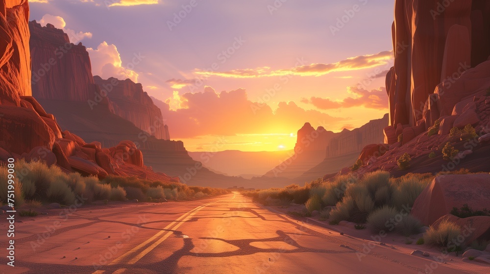 Craft a captivating image of a road surrounded by sandstone formations during a sunset. 
