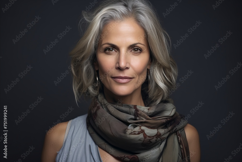 Portrait of a beautiful middle-aged woman with gray hair and a gray scarf. Portrait of a beautiful middle-aged woman with gray hair and a gray scarf.