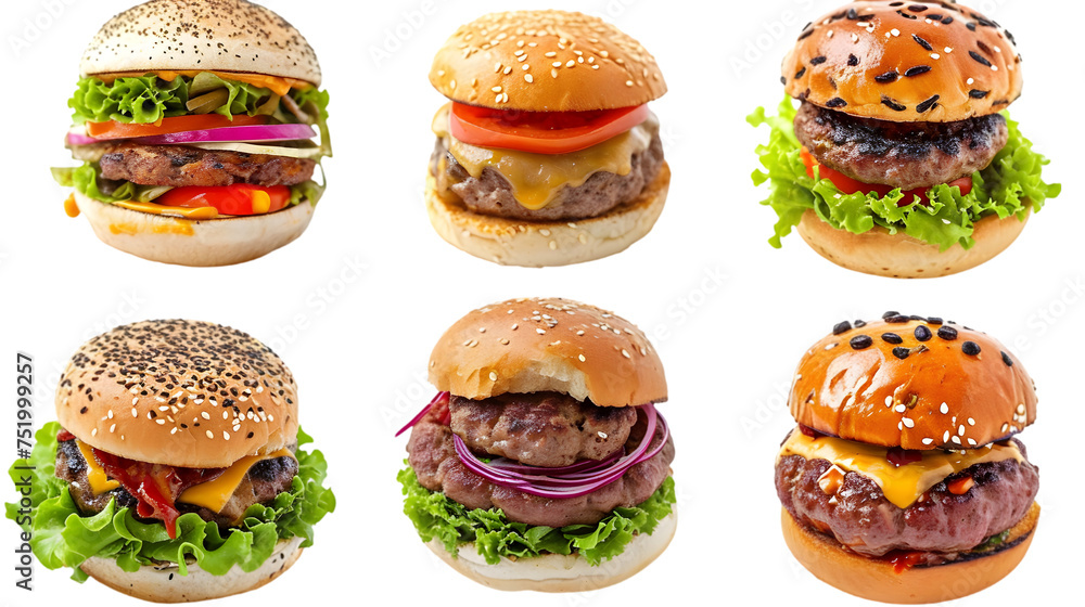 Set of different tasty burgers isolated on transparent background Set of different tasty burgers isolated on transparent background