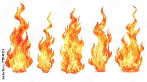 Set of burning fires of flames and sparks isolated on transparent background