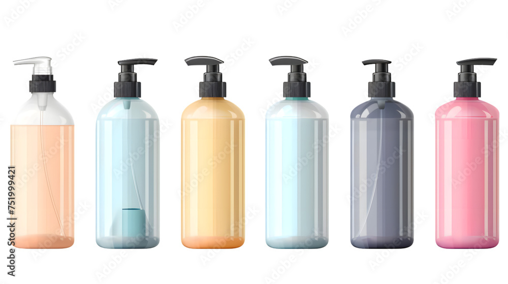 Set of Plastic cosmetic bottle with dispenser pump. Container for liquid, gel, lotion, cream, shampoo, shower gel. Packaging of beauty products isolated on transparent background Set of Plastic cosmetic bottle with dispenser pump. Container for liquid, gel, lotion, cream, shampoo, shower gel. Packaging of beauty products isolated on transparent background