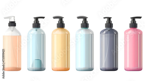 Set of Plastic cosmetic bottle with dispenser pump. Container for liquid, gel, lotion, cream, shampoo, shower gel. Packaging of beauty products isolated on transparent background