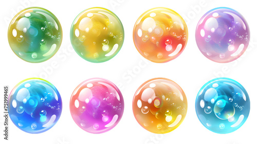 Set of realistic transparent colorful soap bubbles with rainbow reflection isolated on transparent background