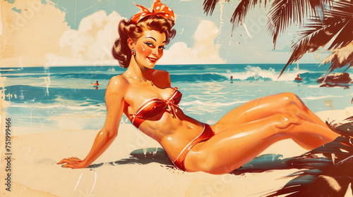 Vintage illustration of a beautiful pin-up girl in two-piece bikini on beach