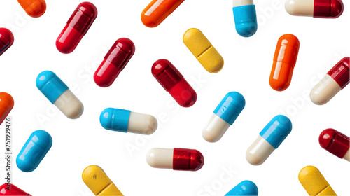 Set of scattered capsules on a white background. capsule bottles isolated on transparent background