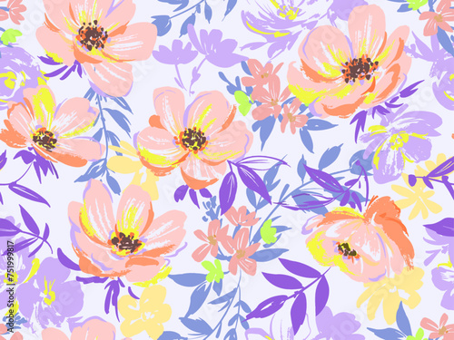 Wallpaper Mural カラフルなアネモネと植物のシームレスパターン	 Torontodigital.ca