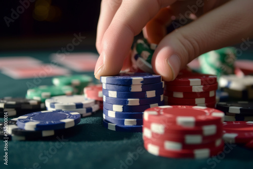 Close-up of vibrant casino chips stacked on a gambling table, colorful chip stacks background and gambler's hands. poker texas hold 'em strategy hand investment investment pot