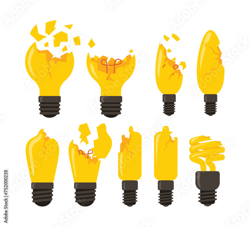 Set of broken bulb set collection, broken lamp or broken light bulb. Bad idea for start up or business project, break the idea concept, Uninspired or motivation, no new idea or inspiration.
