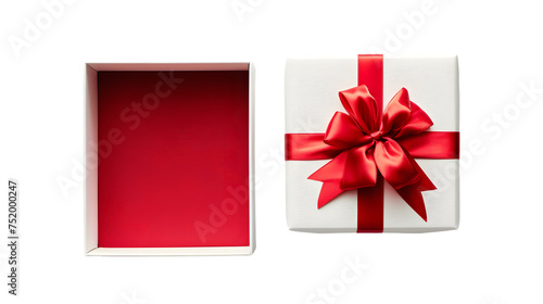 White gift box open with blank red bottom box or top view of present box tied with red ribbon and bow isolated on transparent background