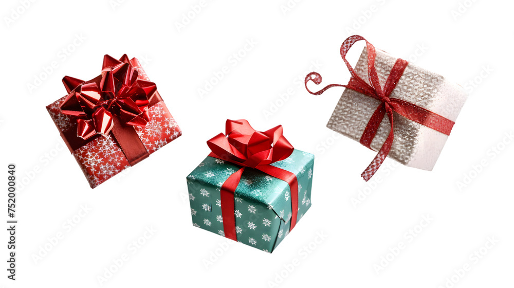 Fototapeta premium three small Christmas gifts and star shaped confetti isolated on transparent background