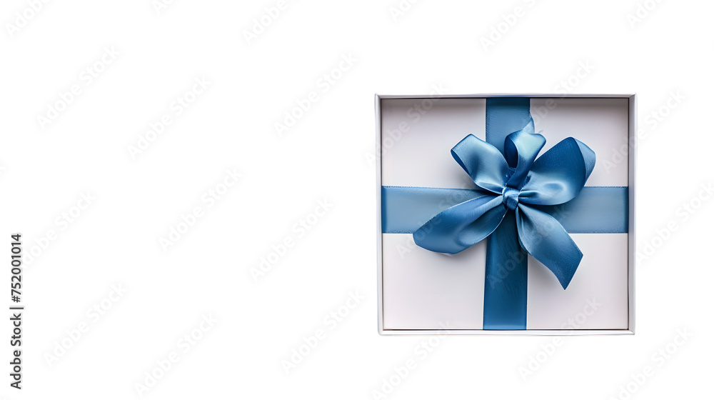 Top view of blank open white gift box with blue bottom inside or opened blue present box with blue ribbon and bow isolated on transparent background Top view of blank open white gift box with blue bottom inside or opened blue present box with blue ribbon and bow isolated on transparent background