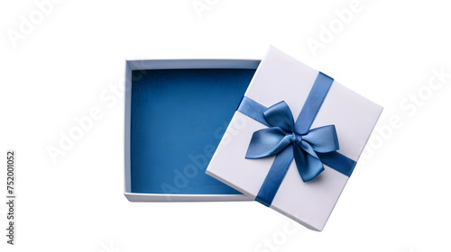 Top view of blank open white gift box with blue bottom inside or opened blue present box with blue ribbon and bow isolated on transparent background