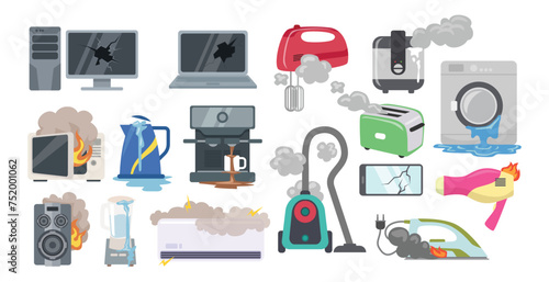 Set of Broken home appliances collection, Damaged refrigerator, ac, tv, microwave, blender, kettle, computer, speaker, iron, toaster, washing machine. Burning household electronics collection