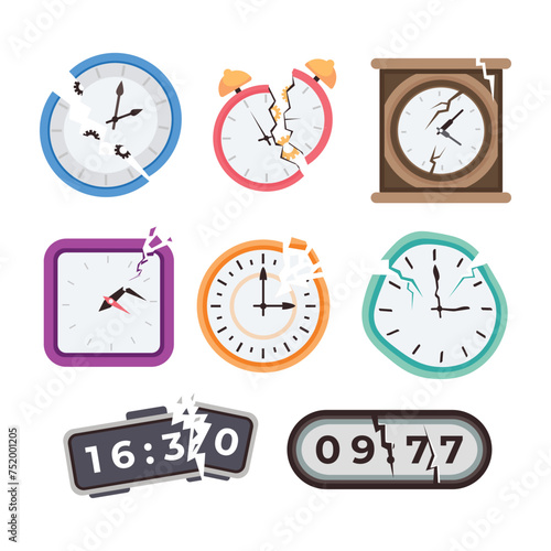 Set of broken wall clock set collection, Broken alarm clock with cracks and fragment, digital clock, Breaking the time pressure deadline, overtime, save your time concept, isolated on white background