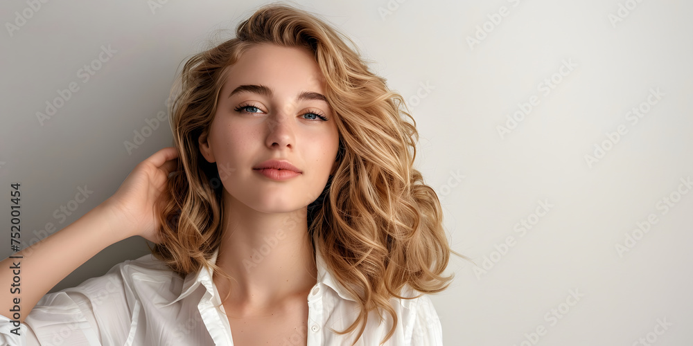 Fototapeta premium Happy portrait of blonde young woman on white background for confident, fashion and elegant style, copy space