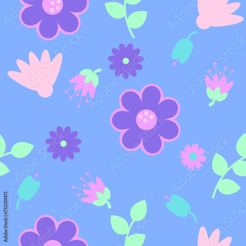 Seamless vector pattern with happy innocent childlike purple and pink flowers and mint green leaves - Childlike seamless floral pattern