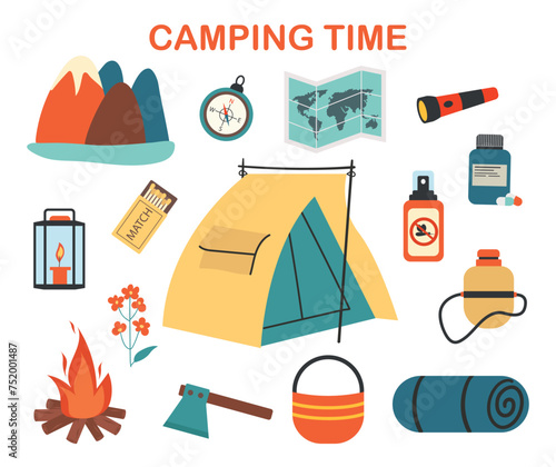 A set of elements for a picnic, camping. Items for outdoor recreation in the mountains, a map, a compass, an axe, matches. Vector illustration.