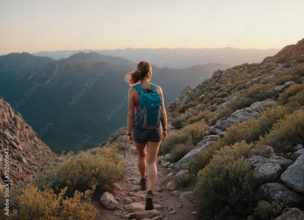 Female Hiker Trekking on Mountain Trail at Sunset