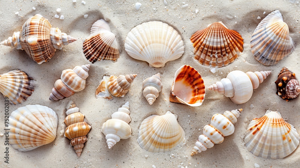 Varied collection of seashells spread across sandy beach, a clear and detailed display of marine diversity Varied collection of seashells spread across sandy beach, a clear and detailed display of marine diversity