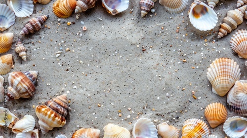 Varied collection of seashells spread across sandy beach  a clear and detailed display of marine diversity