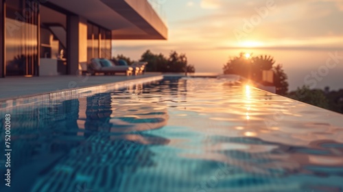 Contemporary infinity pool reflecting sunset hues, blending modern architecture with tranquil sea © Nongkran
