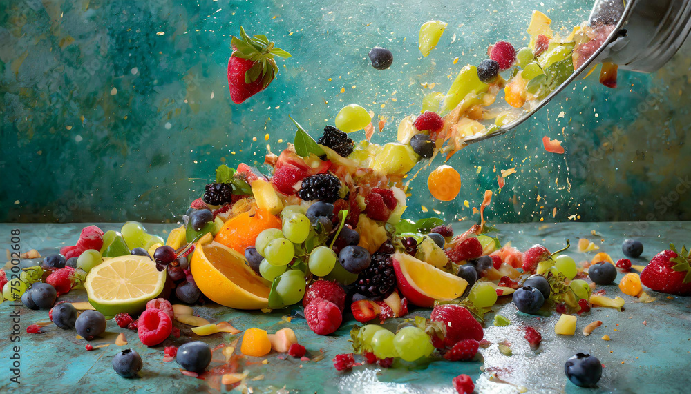 Fruitful Mayhem: Messy Spill of Colorful Fruit Salad
