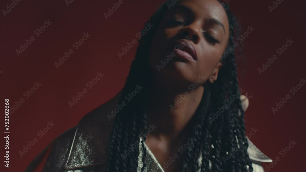 Cinematic shot of a dark skinned girl having dreadlocks and posing by wearing silver dress. Cinematic shot of a dark skinned girl having dreadlocks and posing by wearing silver dress.