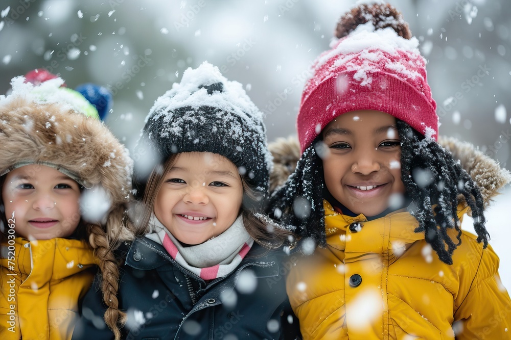 Diversity children are friends outdoors when it snows in winter clothes