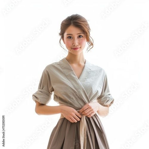 Pretty Young Japanese Woman in Wrap Top and A-Line Skirt photo on white isolated background