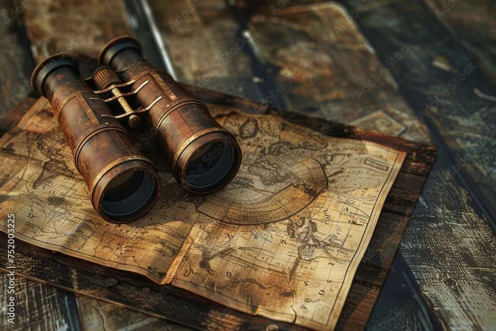Binoculars and Map in the concept of exploration and adventure