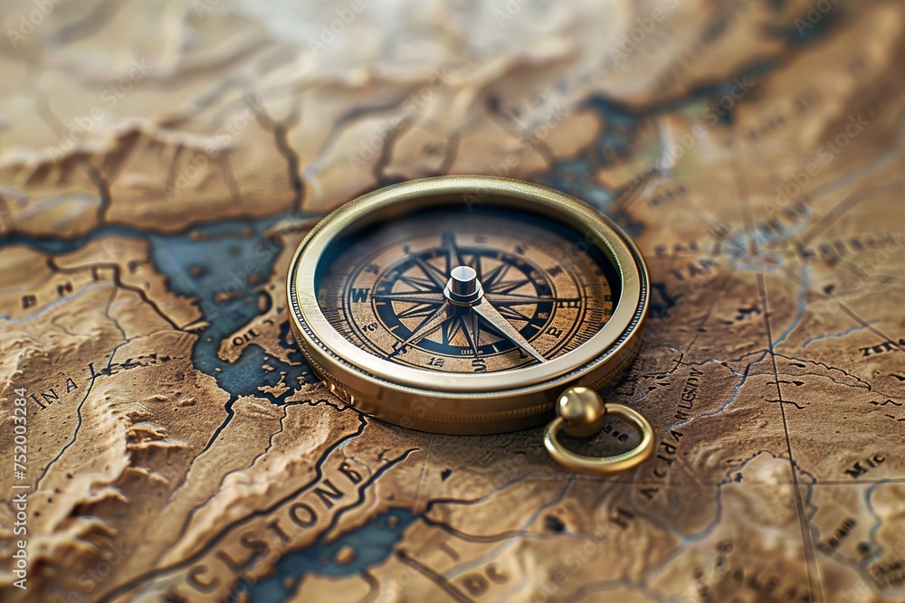Compass and Map in the concept of navigation and adventure