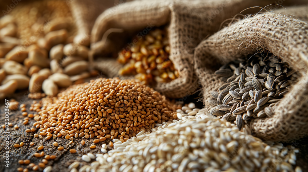 Obraz premium Assorted grains spilling from burlap sacks.